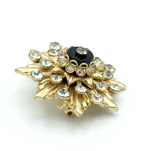MID-CENTURY sunburst brooch - gold-tone rhinestone & onyx pin heavy layered dome - Picture 4 of 8